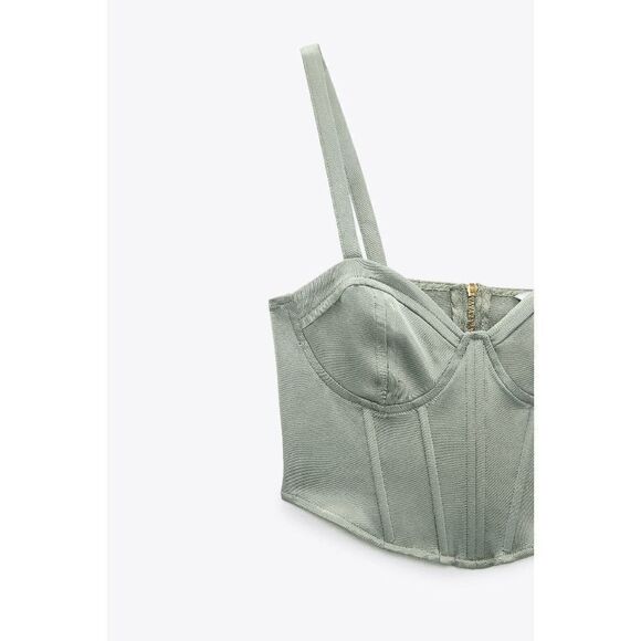 ZARA NWT SZ XS SATIN EFFECT CORSET TOP BUSTIER GREEN - Picture 7 of 9